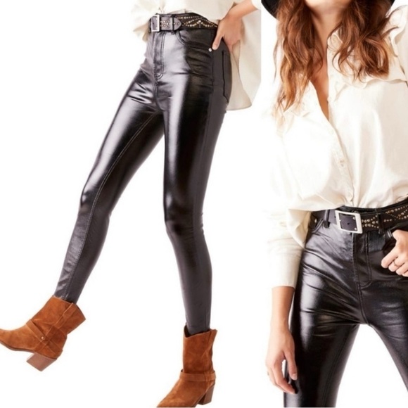 Free People Liquid Black Vinyl Jeans Size 31 Retro 70s Latex Shiny Goth Punk New - Picture 3 of 17
